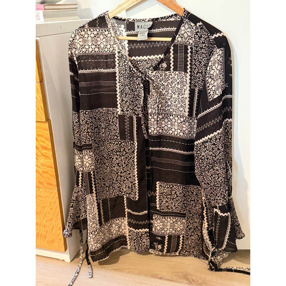 Vintage Magic Sheer Boho Blouse Top Womens 1X Brown Cream ✨